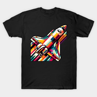 Geometric Space Shuttle Launch | Colorful Astronaut & Rocket | Retro Space Explorer Tee T-Shirt